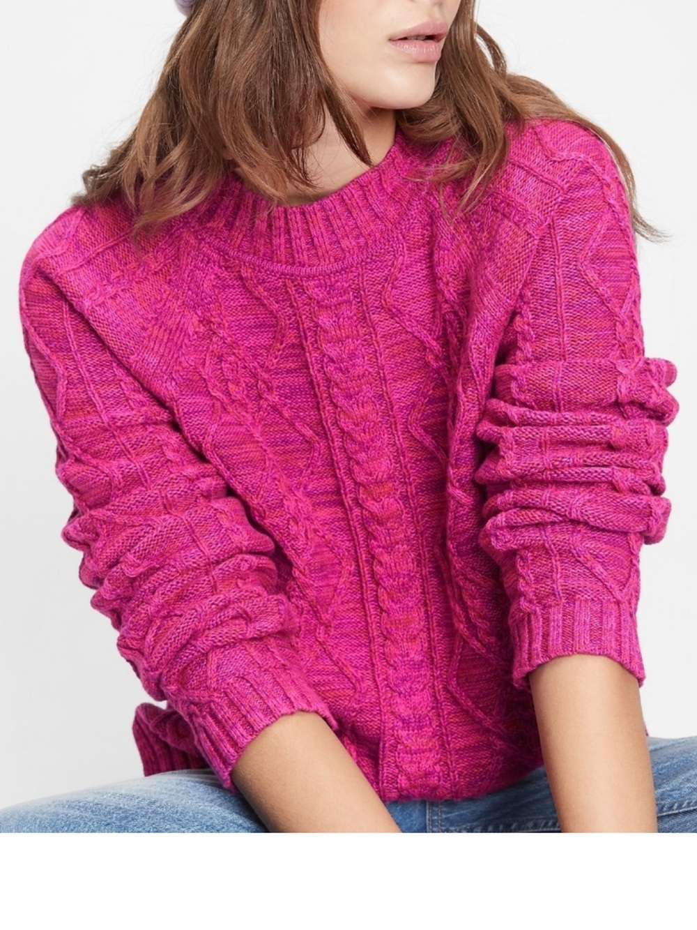 GAP Cable Knit Crew Neck Sweater Bright Pink Fuchsia Small Cozy Preppy